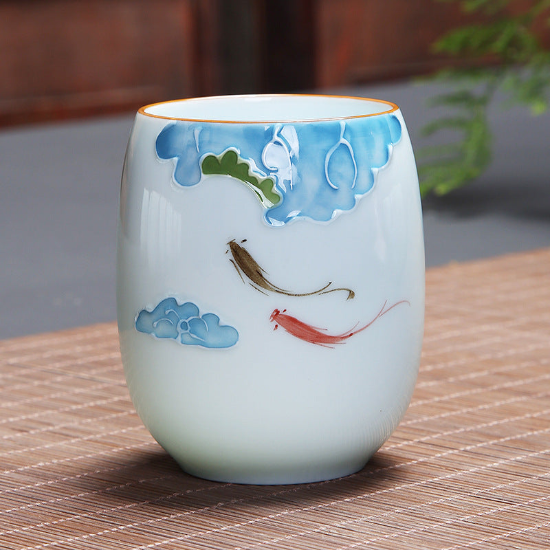 Koi Fish Lotus Landscape Dandelion Peony Flower Ceramic Teacup Kung Fu Tea Cup