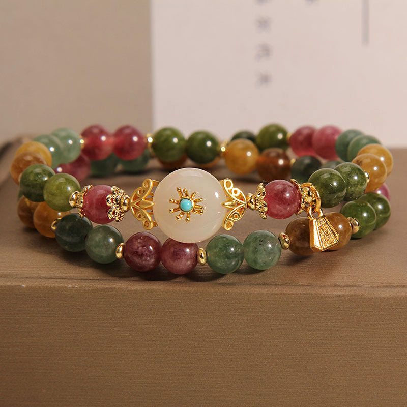 Natural Multicolored Tourmaline Positive Jade Flower Double Wrap Bracelet