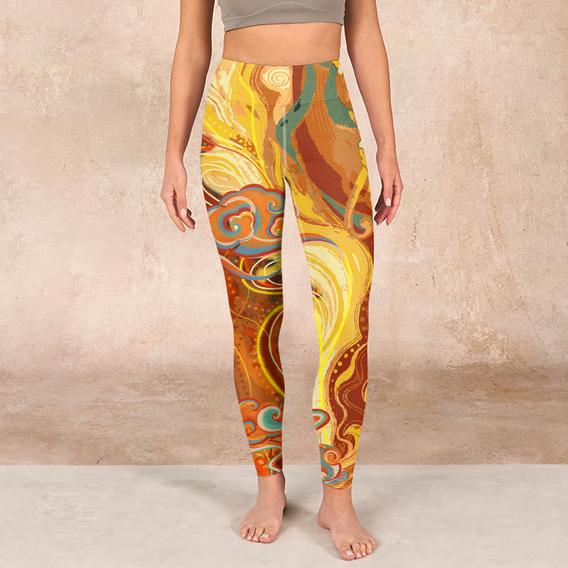 Golden Auspicious Cloud Waves Print Gym Leggings Women's Yoga Pants