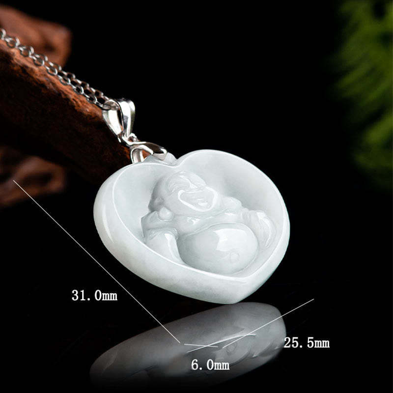 925 Sterling Silver Laughing mystic zen White Jade Luck Blessing Necklace Pendant