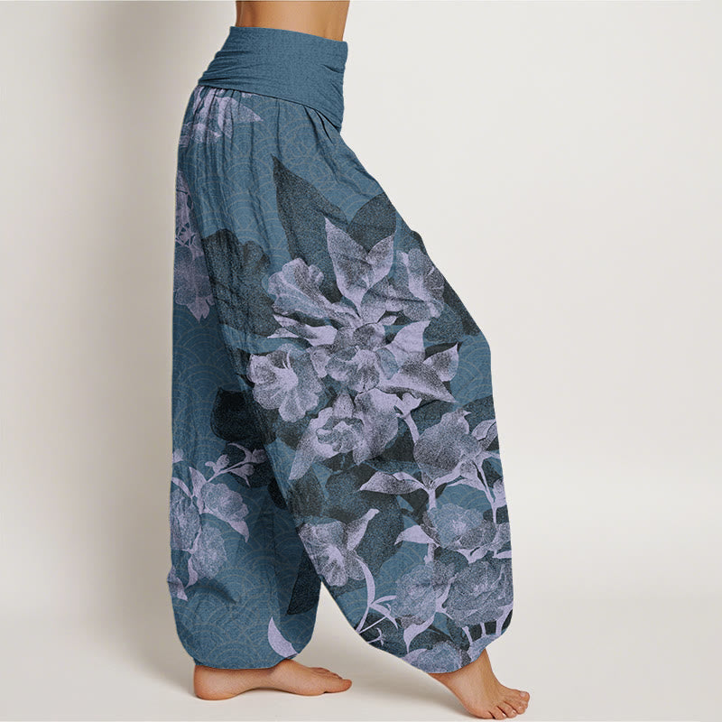 White Flowers Pattern Women's Elastic Waist Harem Pants