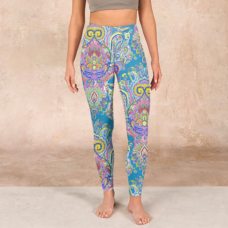 Blue Pink Green Flower Print Gym Fitness Leggings Women's Yoga Pants