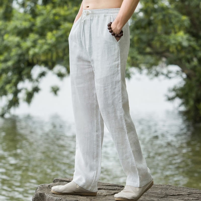 Solid Color Linen Men's Wide Leg Pants With Pockets