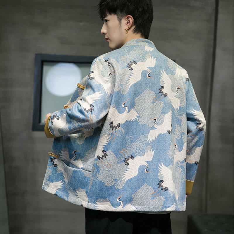 Chinese New Year Clothes White Crane Gold Frog-button Tang Suit Cotton Men's Jacket Shirt With Pockets