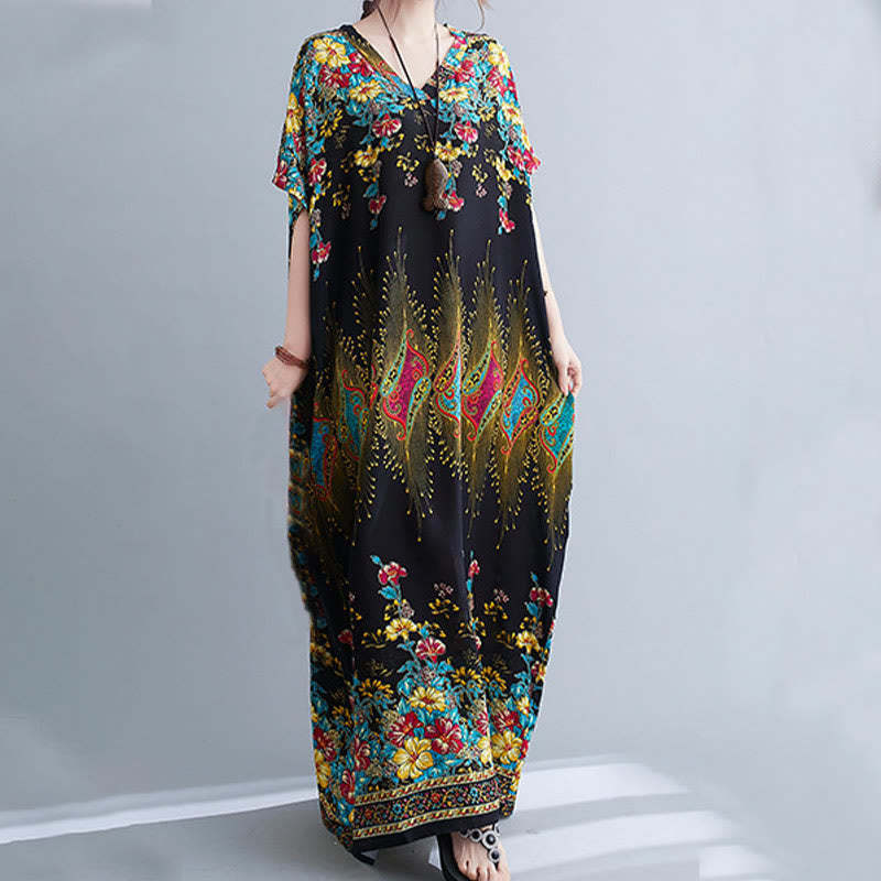 Casual Loose Printing Flower Pattern V-Neck Half Sleeve Design Polyester Midi Dress With Pockets