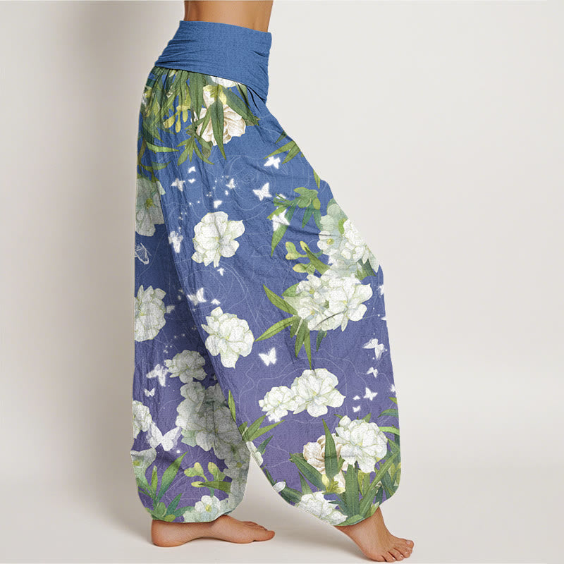 Casual White Flowers Women's Elastic Waist Harem Pants