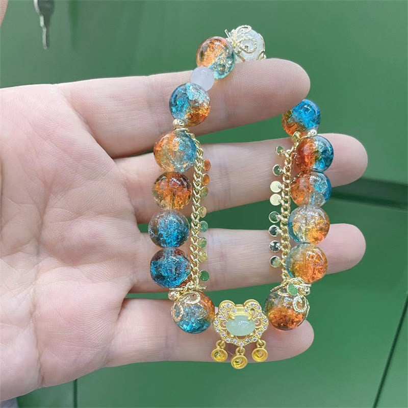Colorful Liuli Glass Bead Chinese Lock Charm Fortune Bracelet