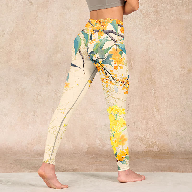 Yellow Osmanthus Fragrans Rapeseed Print Gym Leggings Women's Yoga Pants
