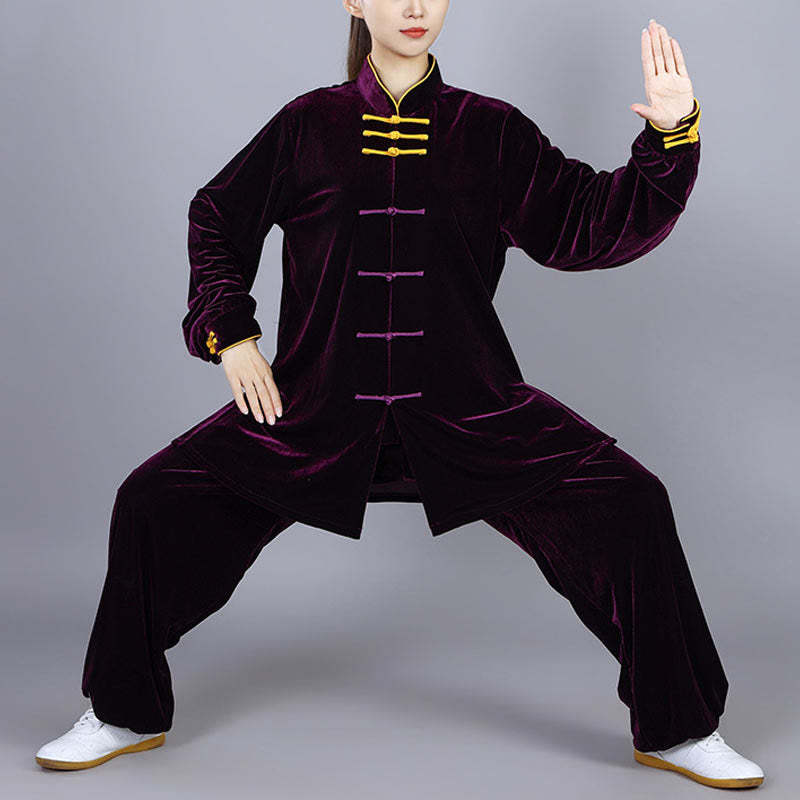 2Pcs Fall Winter Tai Chi Qigong Practice Unisex Frog-Button Meditation Velour Clothing Set