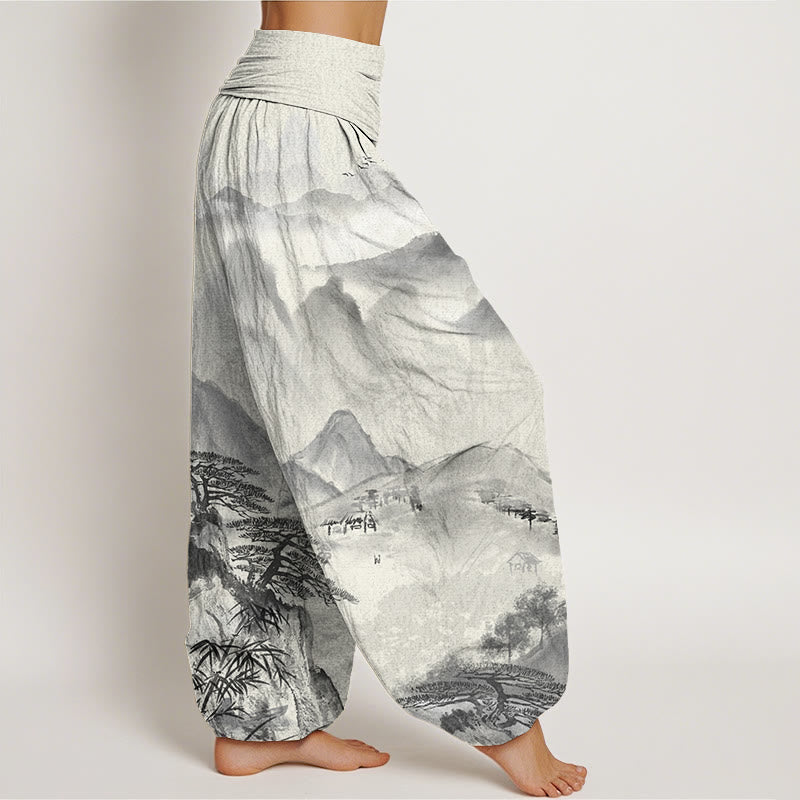 Mountains Trees Landscape Ink Painting Women's Elastic Waist Harem Pants