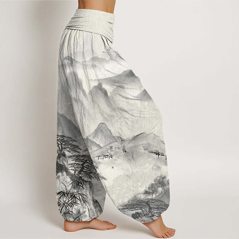 Mountains Trees Landscape Ink Painting Women's Elastic Waist Harem Pants