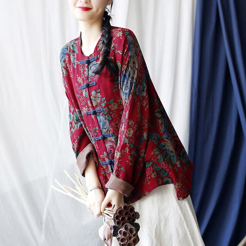Red Flowers Green Leaves Print Frog-button Design Long Sleeve Cotton Linen Jacket Shirt