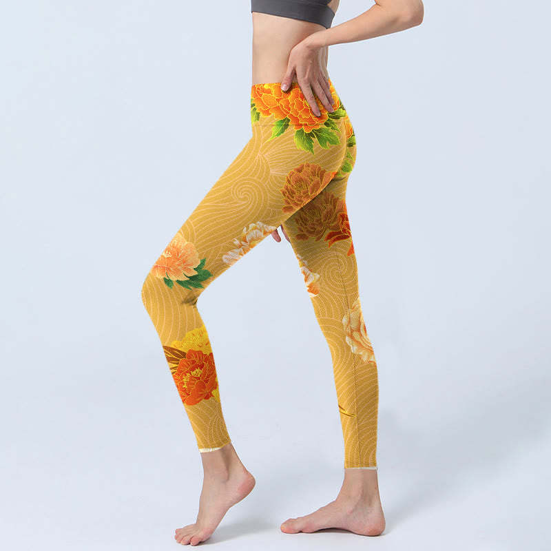 Vibrant Rose Flowers Print Gym Leggings Women's Yoga Pants