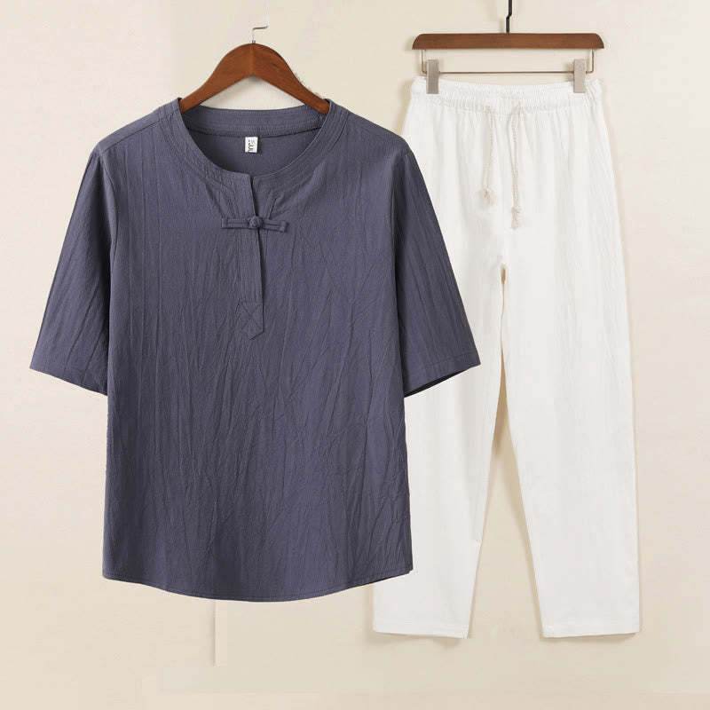 2Pcs Simple Design Chinese Frog-Button Shirt Drawstring Wide Leg Pants With Pockets Men's Meditation Cloth Set