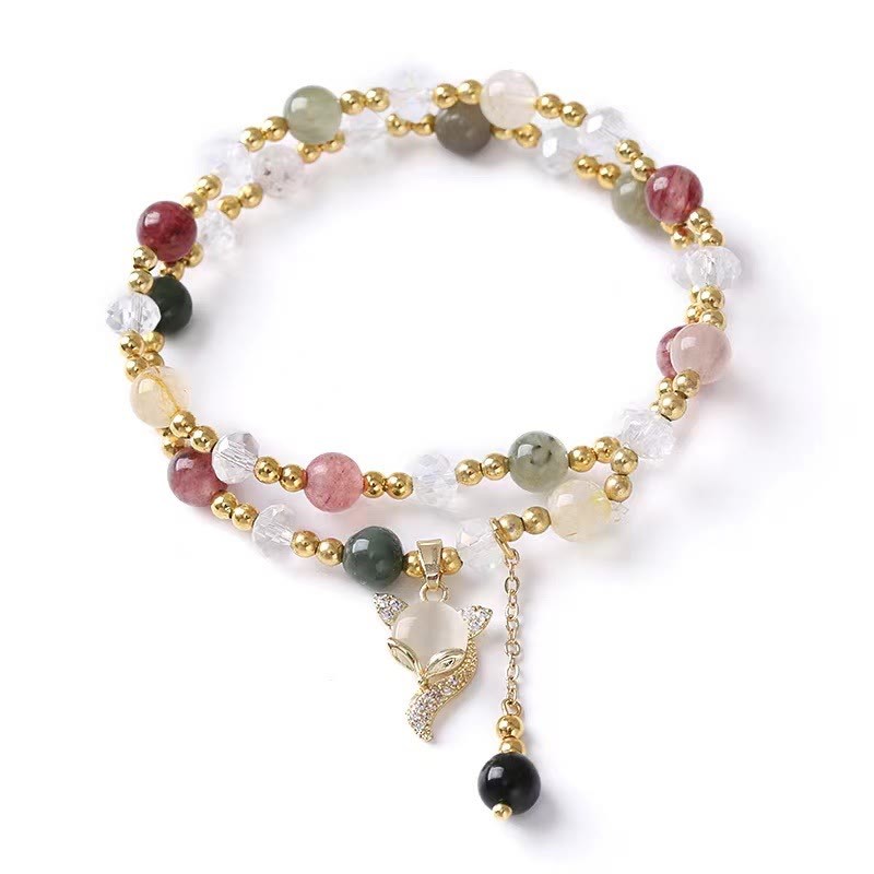 Multicolored Rutilated Quartz Fox Protection Double Wrap Bracelet