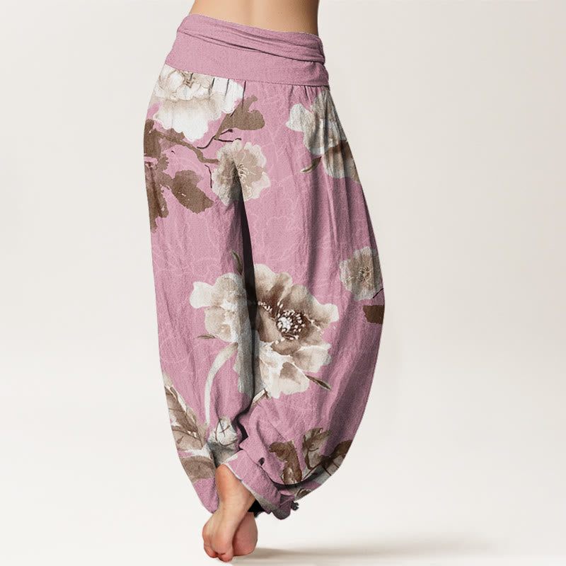 Folwers With Leaves Pattern Women's Elastic Waist Harem Pants