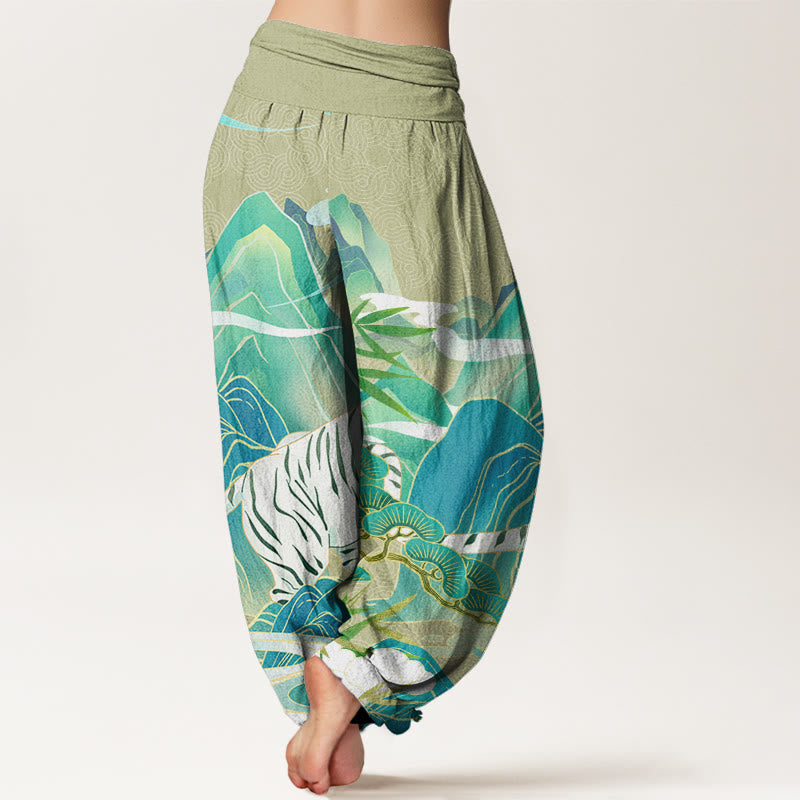 Casual White Tiger Mountain Waves Women's Elastic Waist Harem Pants