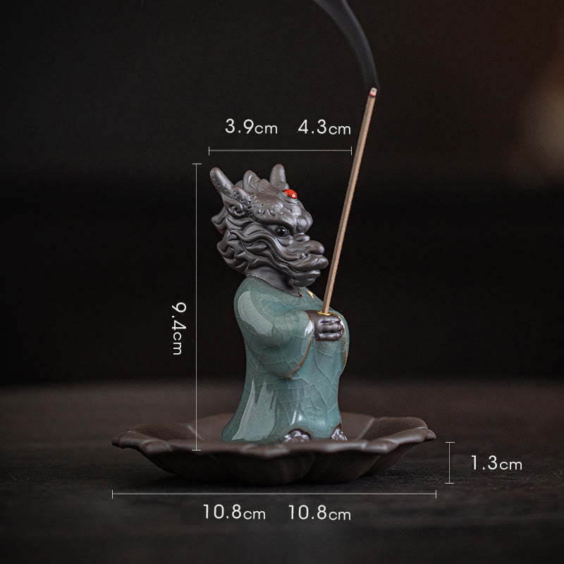 Praying Dragon King Lotus Base Fu Character Ceramic Healing Incense Burner Desk Decoration