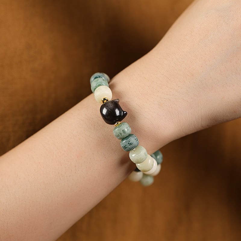 Bodhi Seed Silver Sheen Obsidian Cat Head Om Mani Padme Hum Engraved Harmony Bracelet
