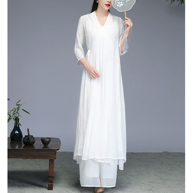 Hanfu Style Midi Dress Wide Leg Pants Meditation Zen Practice Yoga Dance Clothing