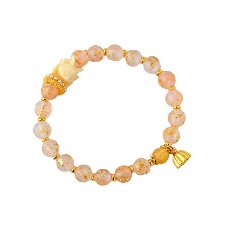 Tibetan Incense Ash Liuli Glass Bead Lucky Nine-Tailed Fox Lotus Charm Bracelet