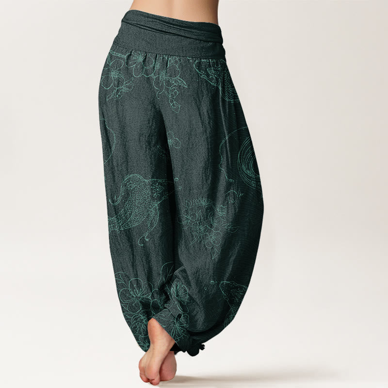 Koi Fish Floral Pattern Women's Elastic Waist Harem Pants