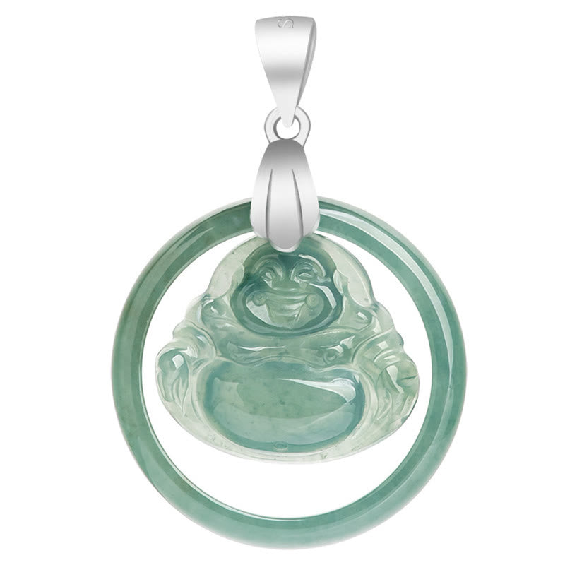 925 Sterling Silver Natural Jade Round Laughing mystic zen Abundance Chain Necklace Pendant