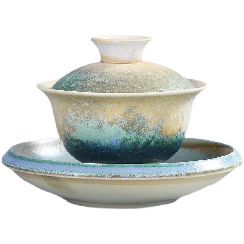 Green Ocean Waves Design Porcelain Ceramic Gaiwan Sancai Teacup Kung Fu Tea Cup And Saucer With Lid