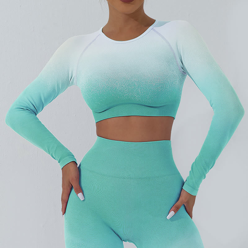 Gradient Long Sleeve Crop Top Tee Bra Leggings Pants Fitness Yoga Outfit
