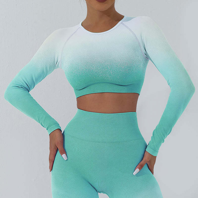 Gradient Long Sleeve Crop Top Tee Bra Leggings Pants Fitness Yoga Outfit