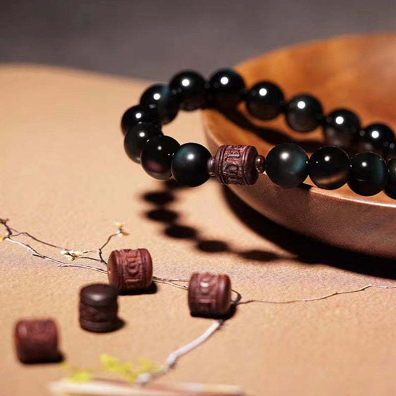 Natural Gold Sheen Obsidian Rainbow Obsidian Om Mani Padme Hum Fu Character Healing Bracelet