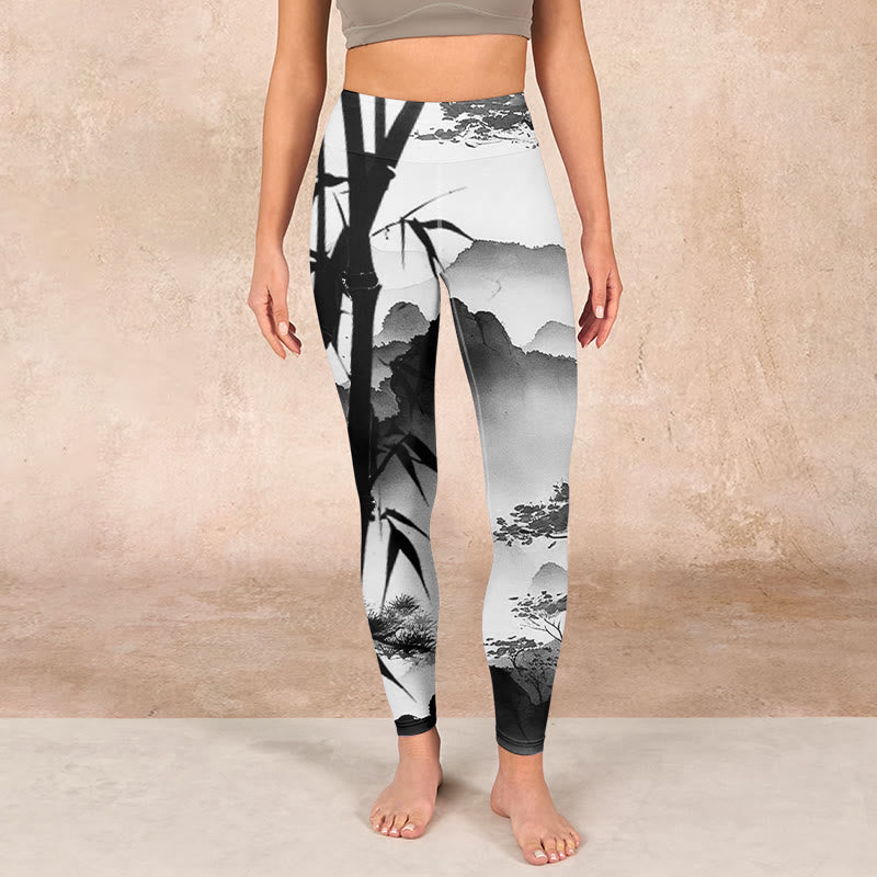 Ink Painting Bamboo Pine Mountain Scenery Print Gym Leggings Women's Yoga Pants