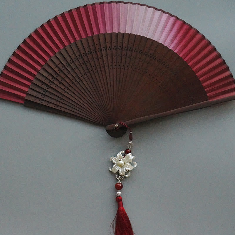 Red Lily Tassel Hollow Rib Silk Handheld Bamboo Folding Fan