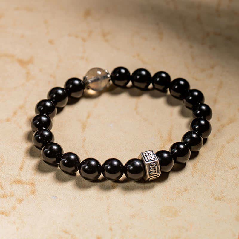 Chinese Zodiac Natal mystic zen 925 Sterling Silver Black Obsidian Moonstone Strength Bracelet