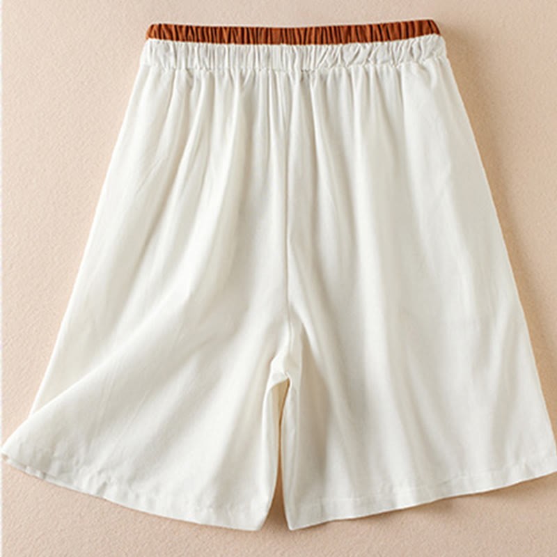 Wild Simple Design Embroidery Drawstring Cotton Linen Women's Shorts With Pockets