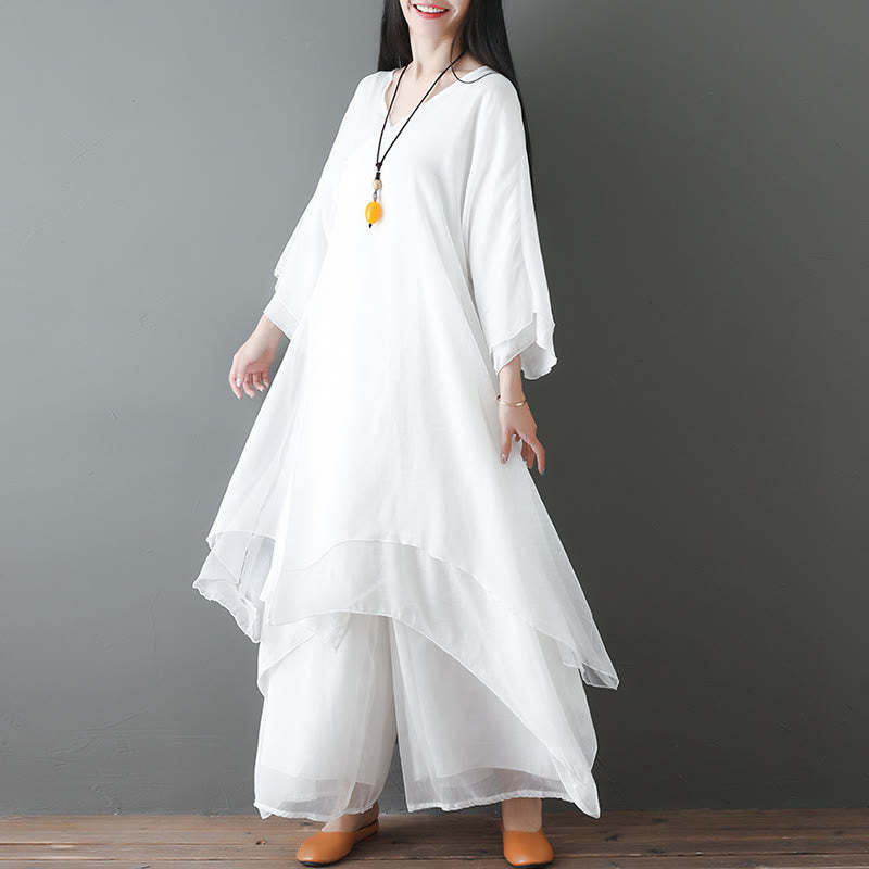 V-Neck Midi Tunic Dress Wide Leg Pants Meditation Zen Practice Dance Clothing