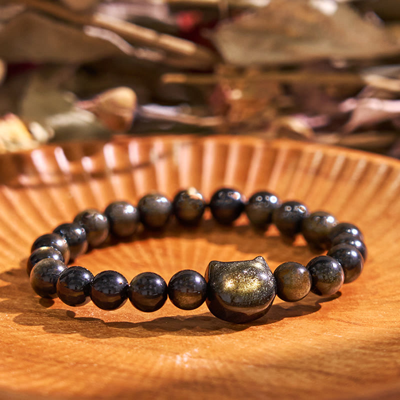 Gold Sheen Obsidian Silver Sheen Obsidian Lovely Paw Lucky Cat Protection Bracelet