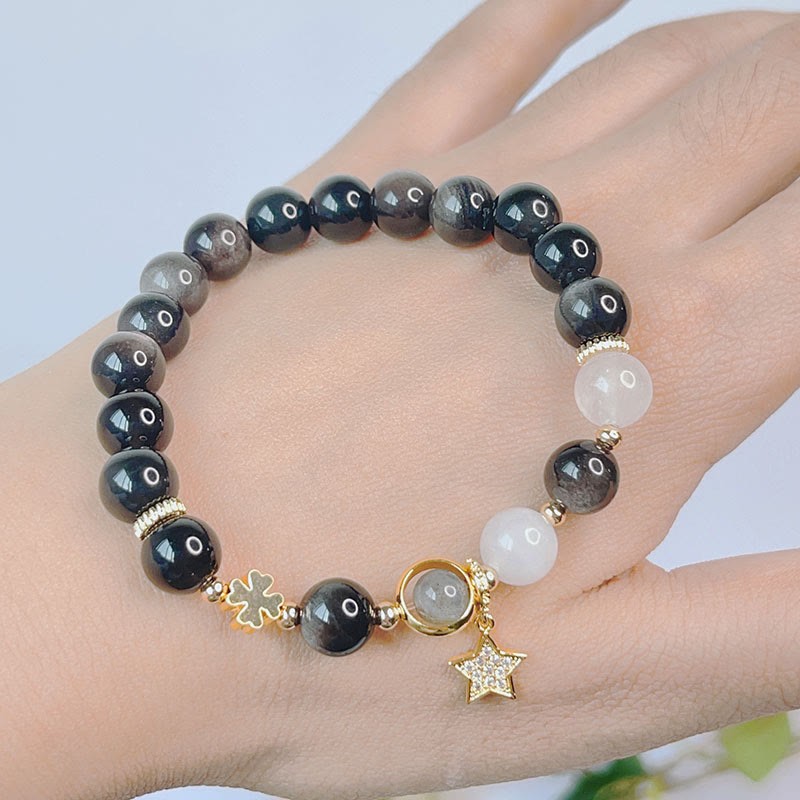 Natural Silver Sheen Obsidian Love Heart Star Flower Protection Bracelet (Extra 30% Off | USE CODE: FS30)