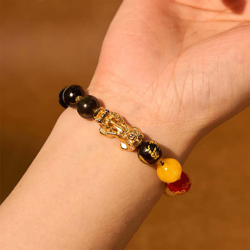 Natural Gold Sheen Obsidian PiXiu Five Directions Gods of Wealth Protection Bracelet
