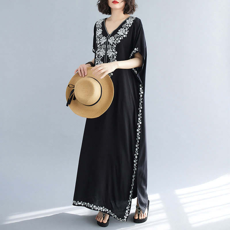 Summer Embroidery Flower V-Neck Short Sleeve Maxi Dress