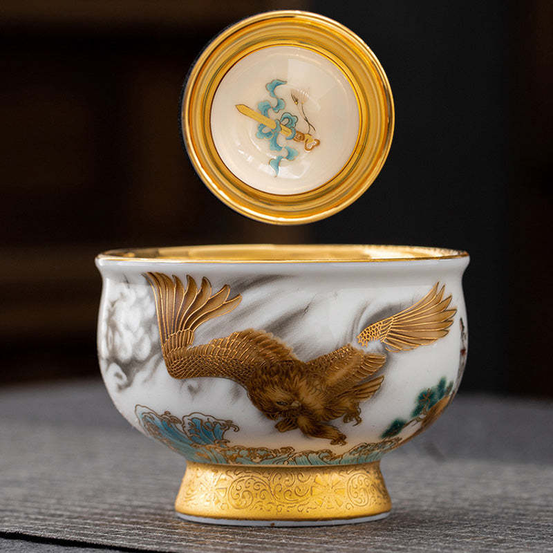 Golden Eagle Auspicious Dragon Sun Ocean Waves Gilt Ceramic Teacup Kung Fu Tea Cup