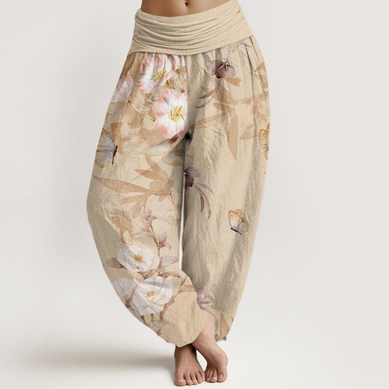 Cherry Blossoms?Hibiscus Butterfly Women's Elastic Waist Harem Pants