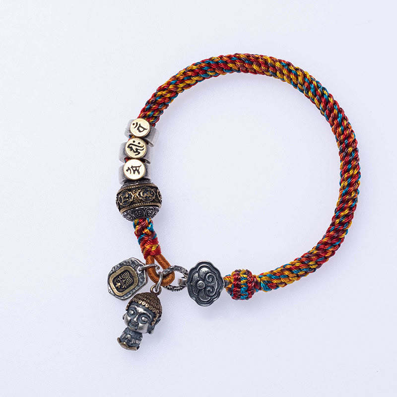 Handmade Tibetan 925 Sterling Silver Chinese Zodiac Natal mystic zen Zakiram Goddess of Wealth Protection Multicolored Rope Braided Bracelet