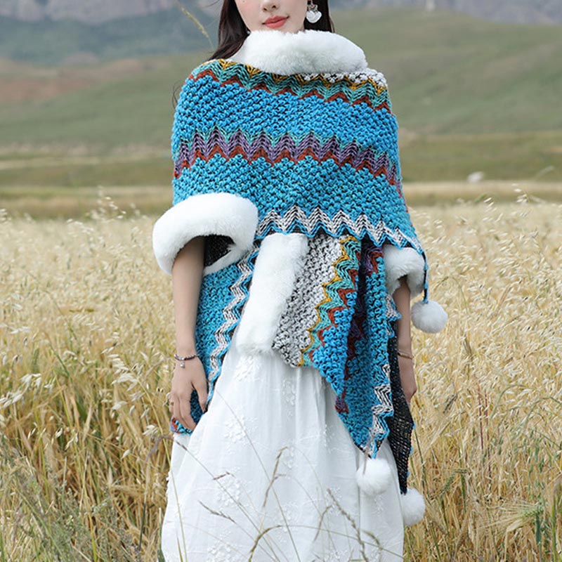 Tibetan Multicolored Wavy Lines Knitted Striped Shawl Coat Winter Cozy Travel Scarf Wrap