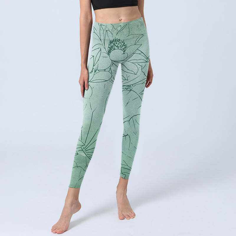 Green Lotus Flower Print Sports Leggings Women's Yoga Pants