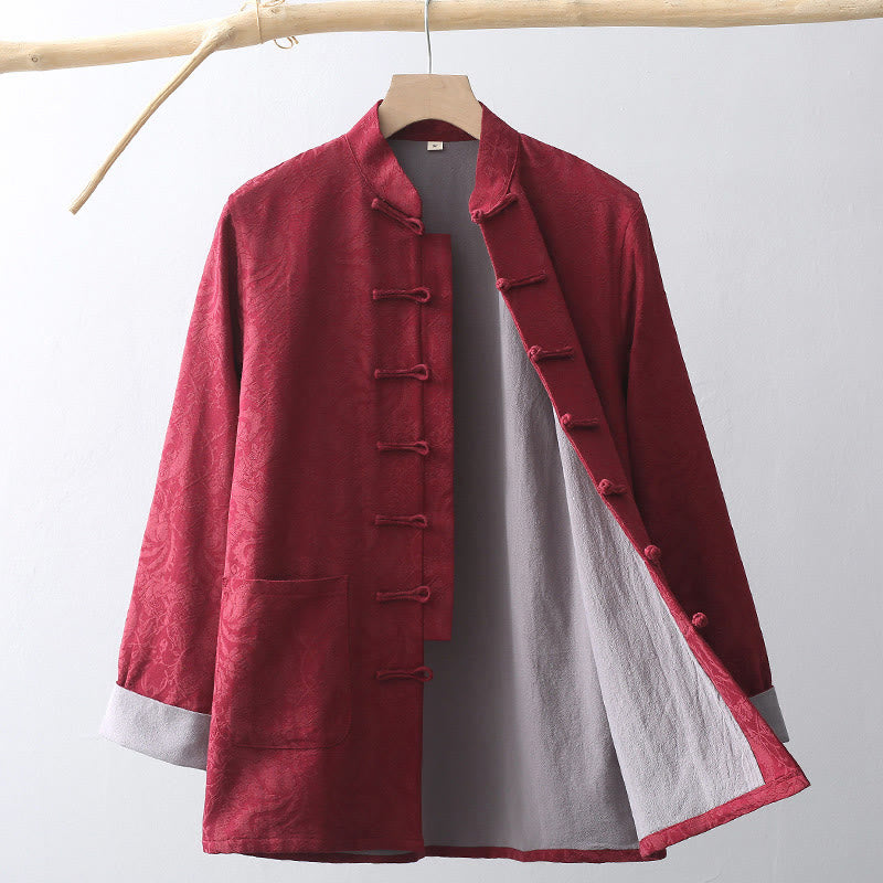 Chinese New Year Jacquard Embroidery Solid Color Cuff Frog-button Tang Suit Cotton Men's Jacket Shirt With Pockets
