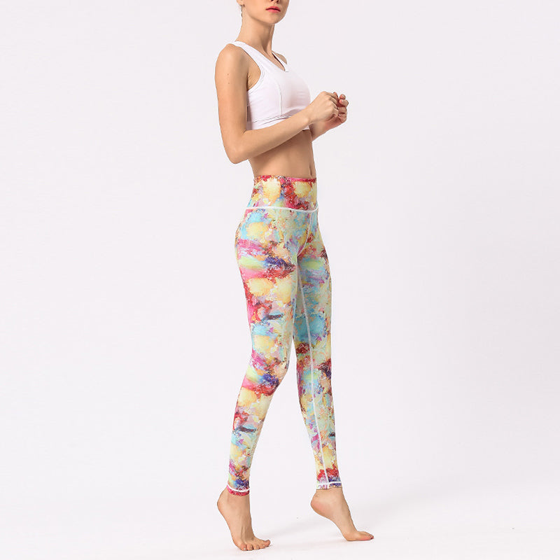 Multicolored Print Flowers Pants Sports Exercise Fitness High Waist Leggings Women's Yoga Pants