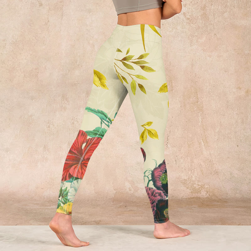 Golden Green Leaves Colorful Flowers Gym Leggings Women's Yoga Pants