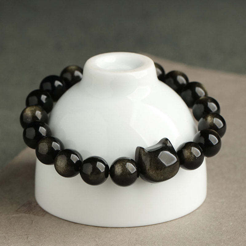 Gold Sheen Obsidian Silver Sheen Obsidian Lovely Paw Lucky Cat Protection Bracelet