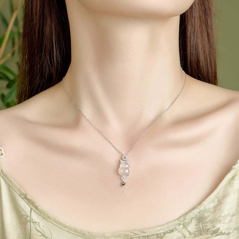 925 Sterling Silver 14k Gold White Jade Gourd Cat Protection Necklace Pendant